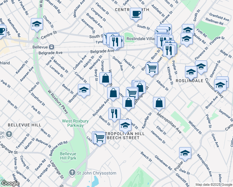 map of restaurants, bars, coffee shops, grocery stores, and more near 49 Averton Street in Boston