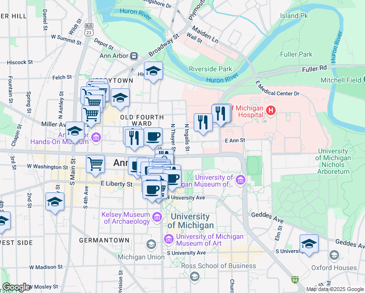 map of restaurants, bars, coffee shops, grocery stores, and more near 816 East Ann Street in Ann Arbor