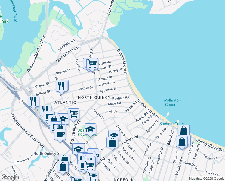 map of restaurants, bars, coffee shops, grocery stores, and more near 46 Appleton Street in Quincy