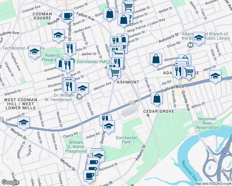 map of restaurants, bars, coffee shops, grocery stores, and more near 4 Hurlcroft Avenue in Boston