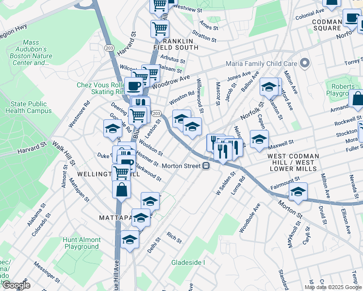 map of restaurants, bars, coffee shops, grocery stores, and more near 815 Morton Street in Boston