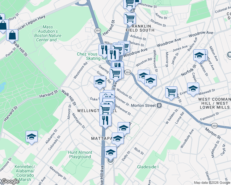 map of restaurants, bars, coffee shops, grocery stores, and more near 1253 Blue Hill Avenue in Boston
