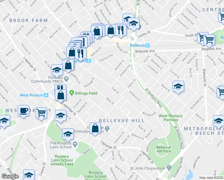 map of restaurants, bars, coffee shops, grocery stores, and more near 5 Gilmore Terrace in Boston