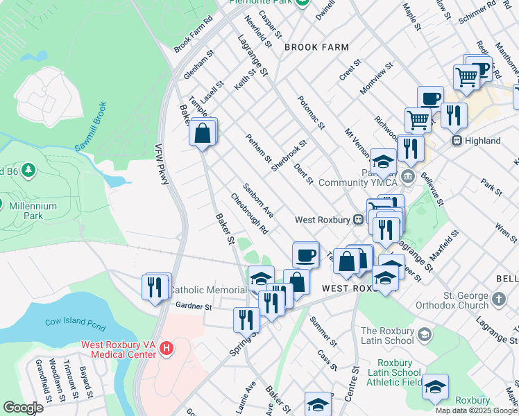 map of restaurants, bars, coffee shops, grocery stores, and more near 80 Sanborn Avenue in Boston