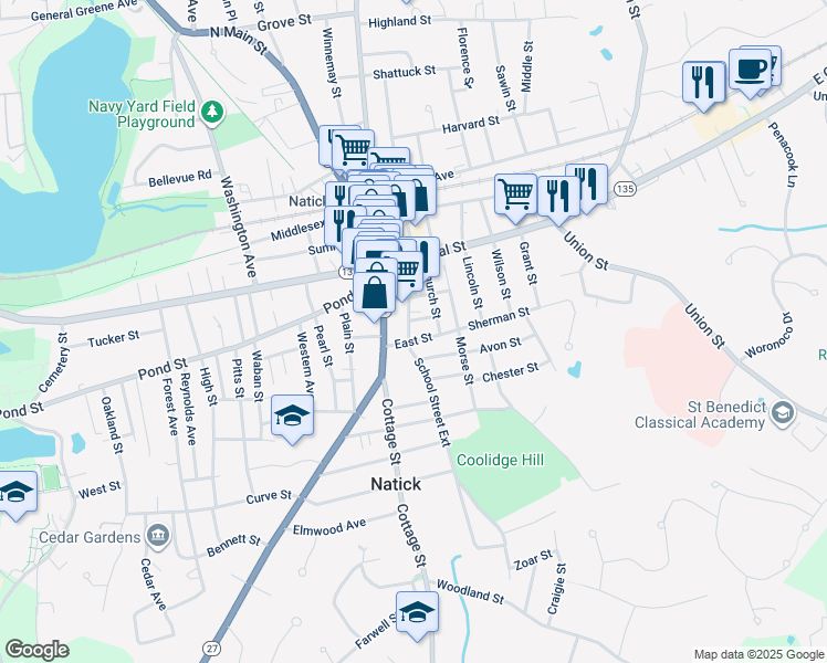 map of restaurants, bars, coffee shops, grocery stores, and more near 16 School Street in Natick
