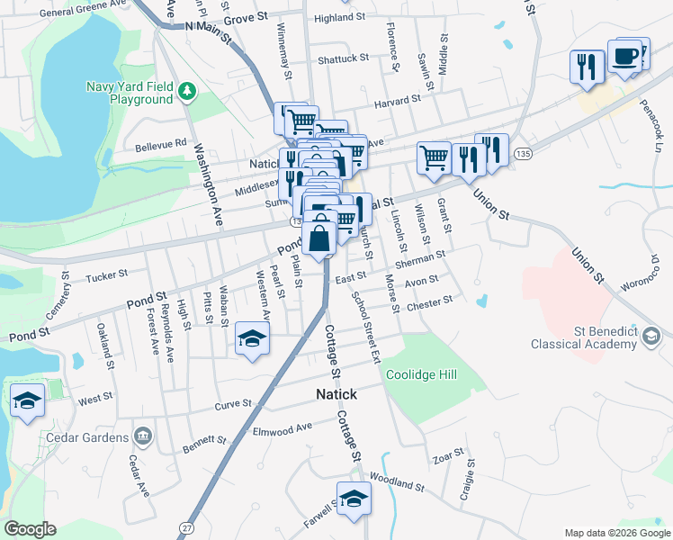 map of restaurants, bars, coffee shops, grocery stores, and more near 61 South Main Street in Natick