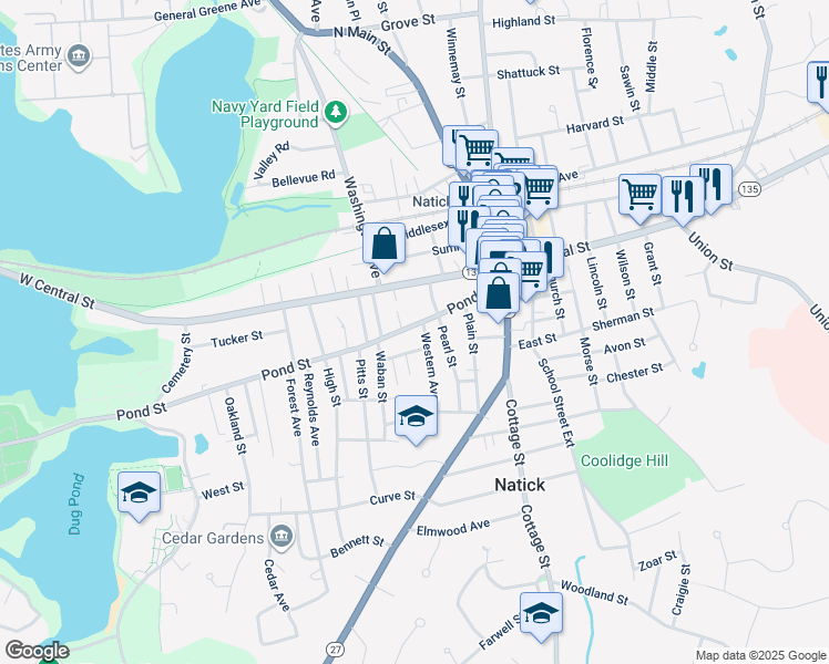map of restaurants, bars, coffee shops, grocery stores, and more near 40 Pond Street in Natick