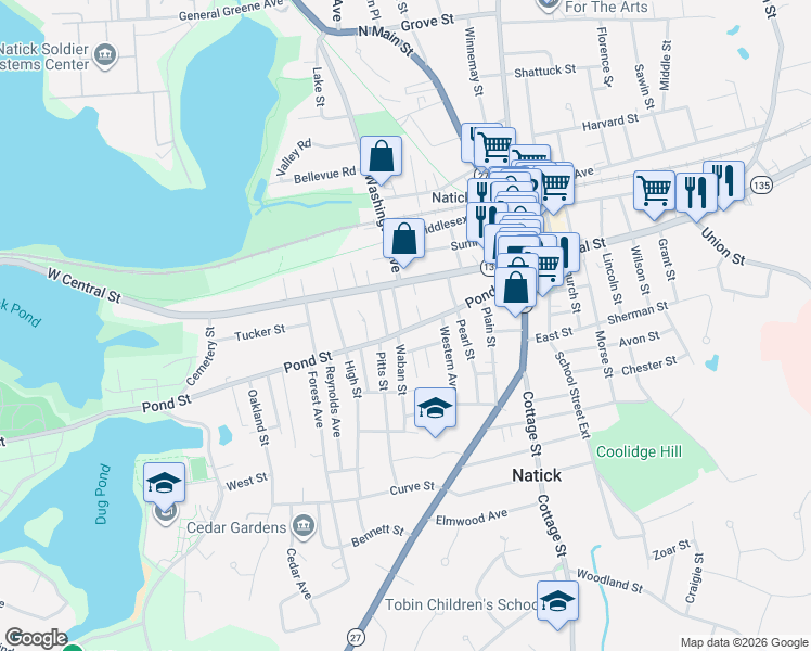 map of restaurants, bars, coffee shops, grocery stores, and more near 59 Pond Street in Natick