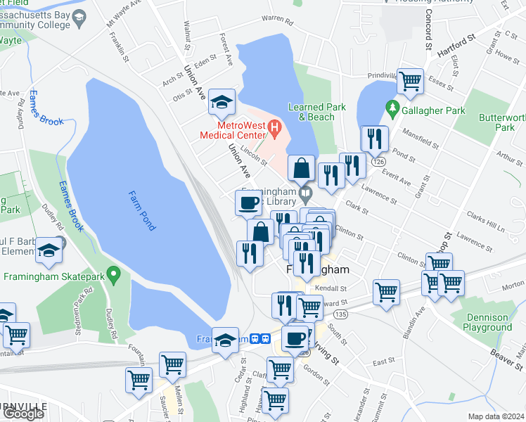 map of restaurants, bars, coffee shops, grocery stores, and more near 154 Union Avenue in Framingham