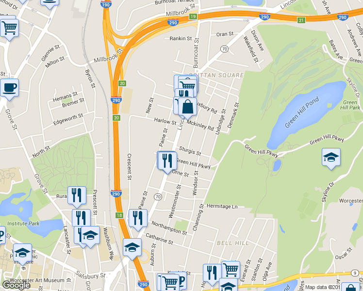 map of restaurants, bars, coffee shops, grocery stores, and more near in Worcester