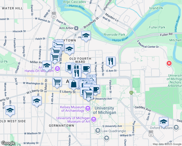 map of restaurants, bars, coffee shops, grocery stores, and more near 710 East Ann Street in Ann Arbor