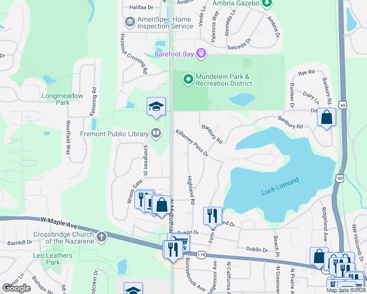 map of restaurants, bars, coffee shops, grocery stores, and more near 1175 North Midlothian Road in Mundelein