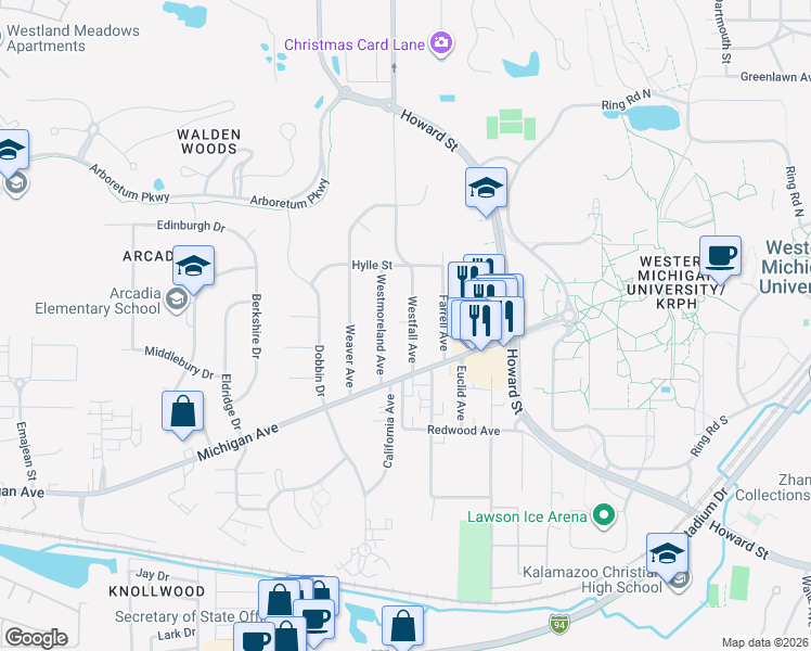 map of restaurants, bars, coffee shops, grocery stores, and more near 950 Westfall Avenue in Kalamazoo