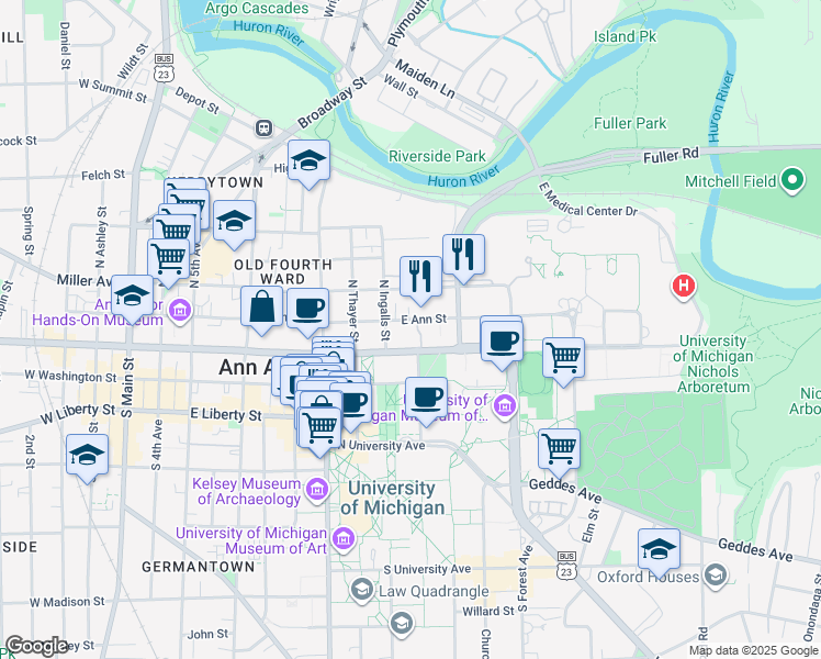 map of restaurants, bars, coffee shops, grocery stores, and more near 920 East Ann Street in Ann Arbor