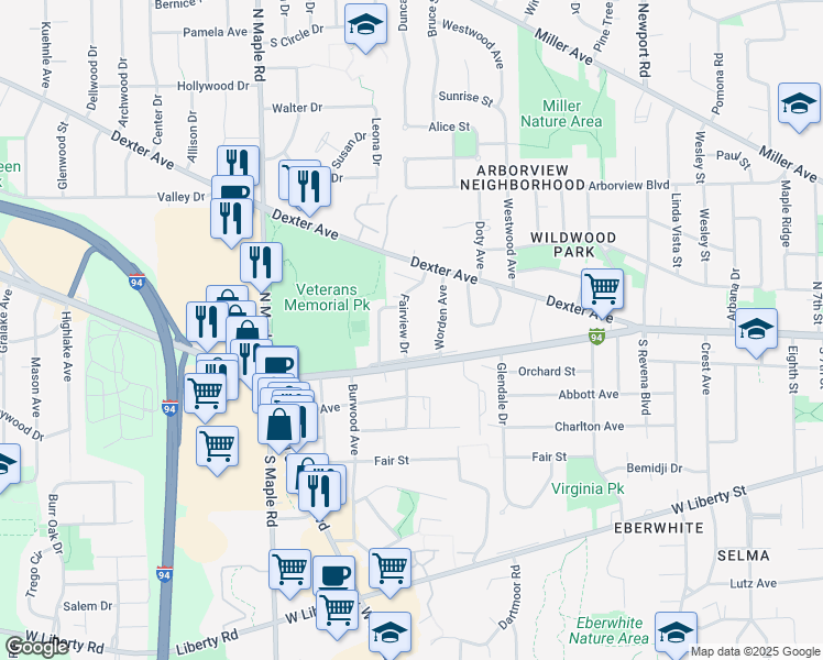 map of restaurants, bars, coffee shops, grocery stores, and more near 110 Fairview Drive in Ann Arbor