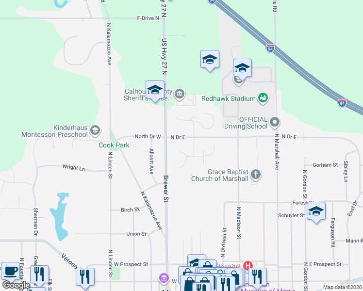 map of restaurants, bars, coffee shops, grocery stores, and more near 344 Butler Court in Marshall