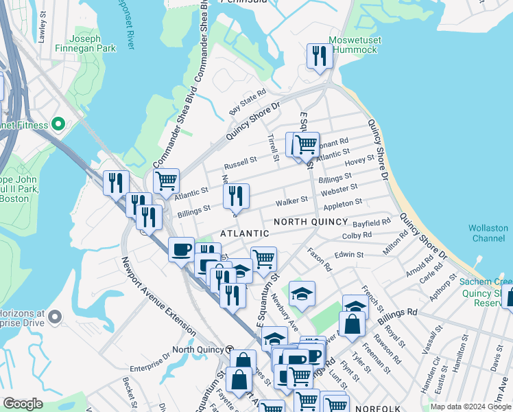 map of restaurants, bars, coffee shops, grocery stores, and more near 30 Walker Street in Quincy