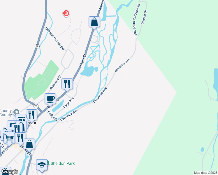 map of restaurants, bars, coffee shops, grocery stores, and more near 121 Delaware Avenue in Delhi