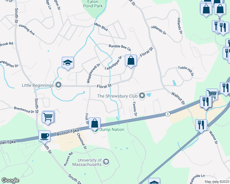 map of restaurants, bars, coffee shops, grocery stores, and more near 100 Floral Street in Shrewsbury