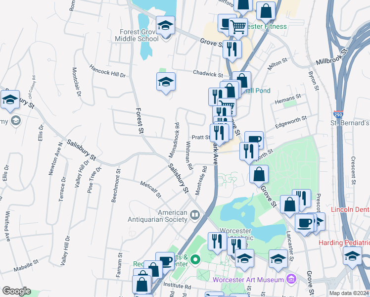 map of restaurants, bars, coffee shops, grocery stores, and more near 35 Whitman Road in Worcester