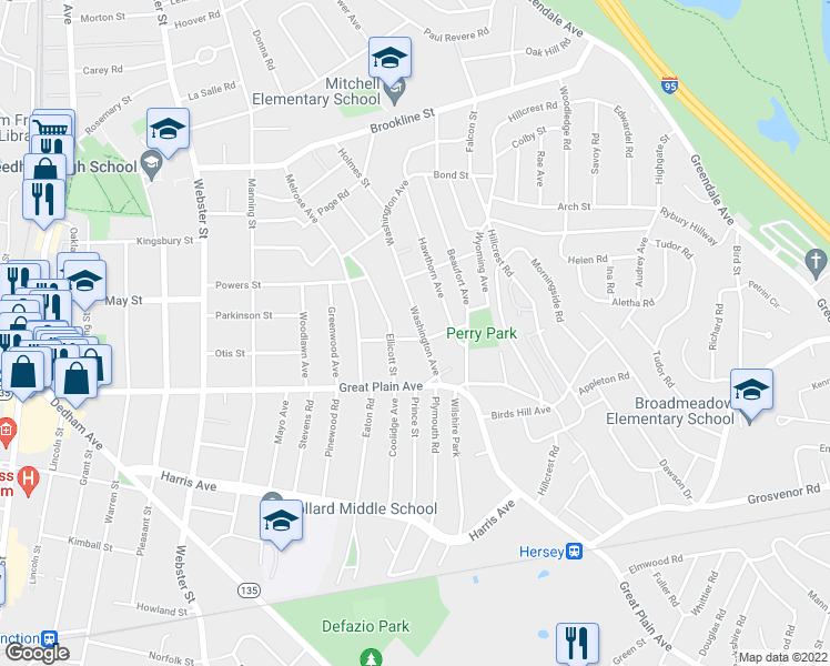 map of restaurants, bars, coffee shops, grocery stores, and more near 41 Sargent Street in Needham