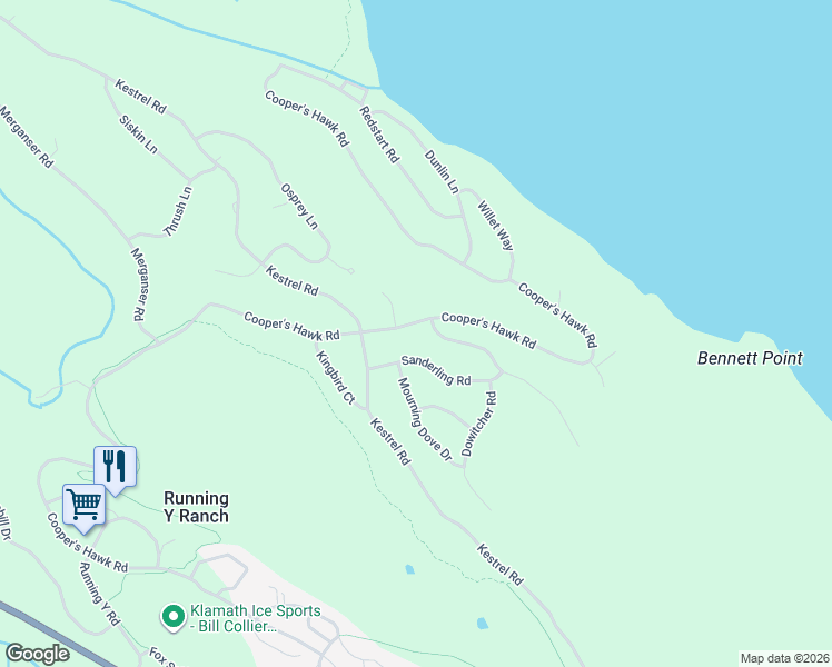 map of restaurants, bars, coffee shops, grocery stores, and more near 6245 Cooper's Hawk Road in Klamath Falls