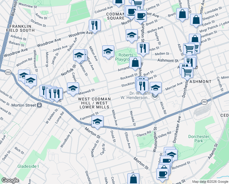 map of restaurants, bars, coffee shops, grocery stores, and more near 73 Mora Street in Boston
