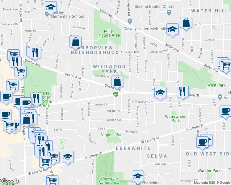 map of restaurants, bars, coffee shops, grocery stores, and more near 1616 Jackson Avenue in Ann Arbor