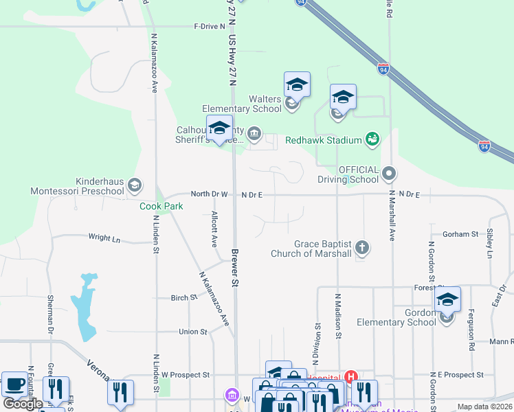 map of restaurants, bars, coffee shops, grocery stores, and more near 344 Butler Court in Marshall