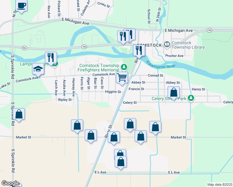 map of restaurants, bars, coffee shops, grocery stores, and more near 5776 Higgins Street in Kalamazoo