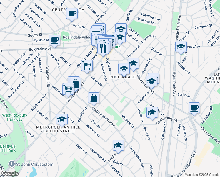 map of restaurants, bars, coffee shops, grocery stores, and more near 15-17 Augustus Avenue in Boston