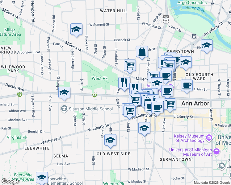 map of restaurants, bars, coffee shops, grocery stores, and more near 502 West Huron Street in Ann Arbor
