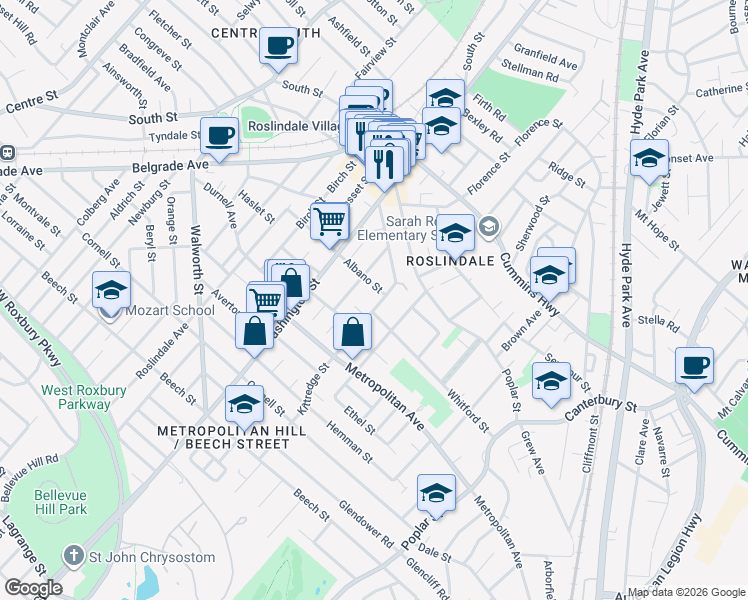 map of restaurants, bars, coffee shops, grocery stores, and more near 101 Kittredge Street in Boston