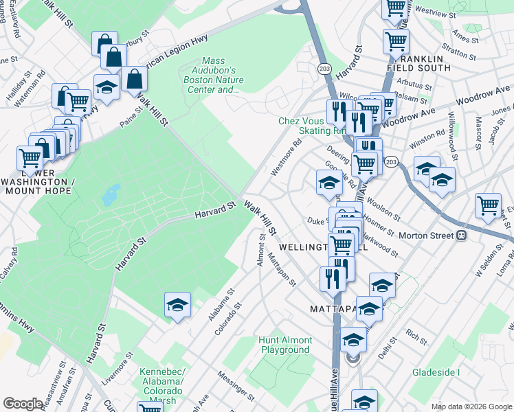 map of restaurants, bars, coffee shops, grocery stores, and more near 570 Walk Hill Street in Boston