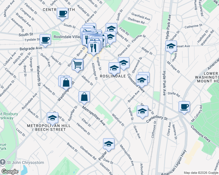 map of restaurants, bars, coffee shops, grocery stores, and more near 204 Poplar Street in Boston