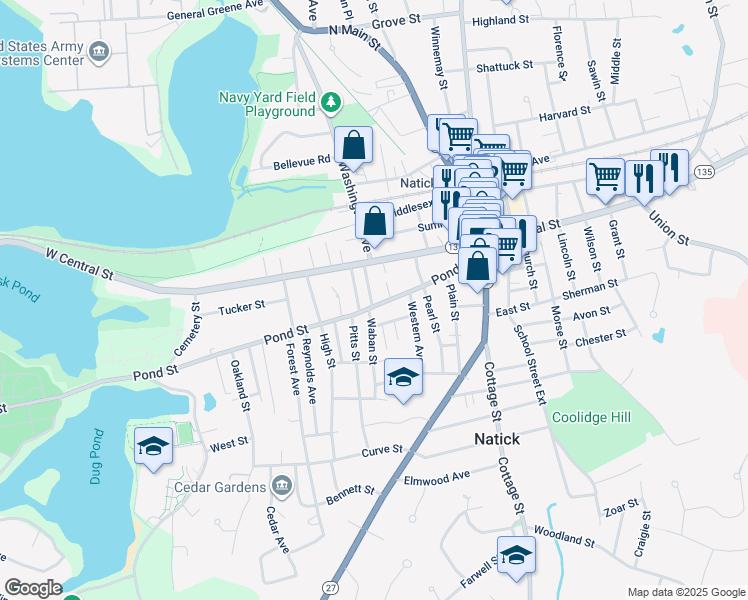 map of restaurants, bars, coffee shops, grocery stores, and more near 59 Pond Street in Natick
