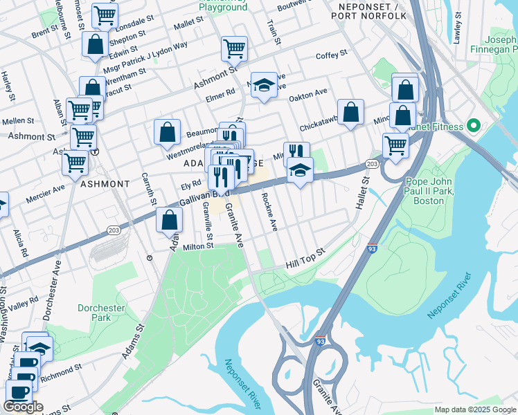 map of restaurants, bars, coffee shops, grocery stores, and more near 14 Myrtlebank Avenue in Boston