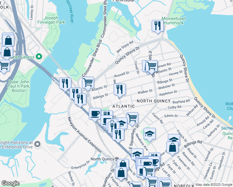 map of restaurants, bars, coffee shops, grocery stores, and more near 47 Newbury Avenue in Quincy