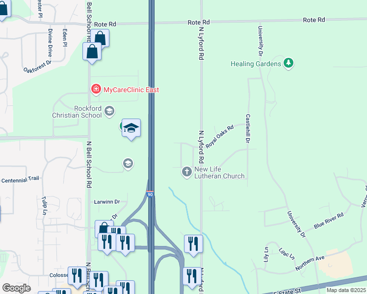 map of restaurants, bars, coffee shops, grocery stores, and more near 1175 Trowbridge Lane in Rockford