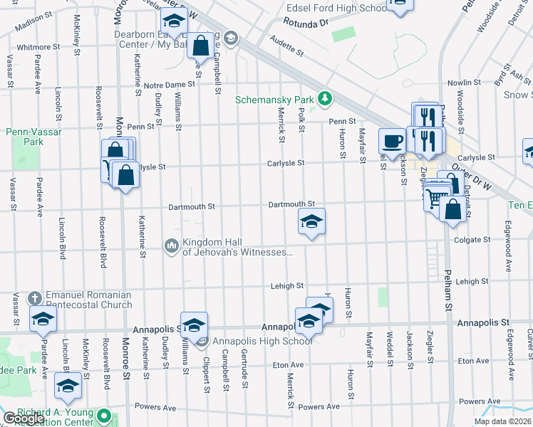 map of restaurants, bars, coffee shops, grocery stores, and more near 3921 Harding Street in Dearborn Heights