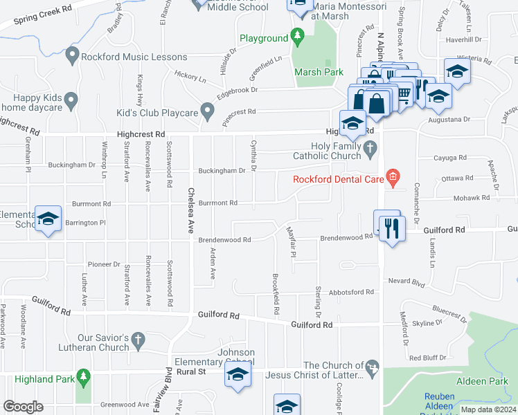 map of restaurants, bars, coffee shops, grocery stores, and more near 3903 Burrmont Road in Rockford