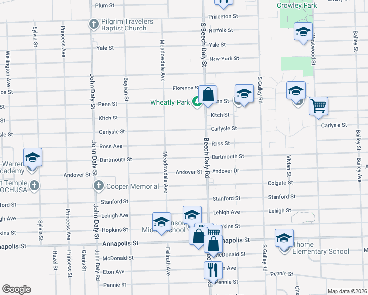 map of restaurants, bars, coffee shops, grocery stores, and more near 25937 Ross Street in Inkster