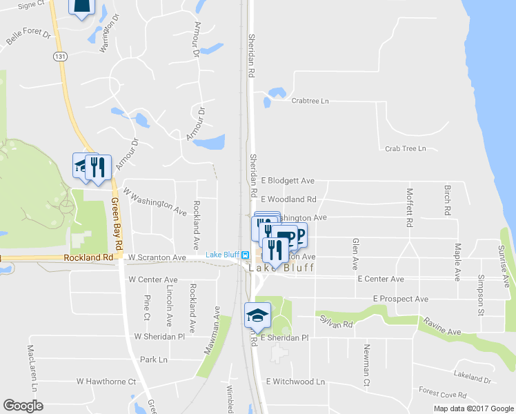 map of restaurants, bars, coffee shops, grocery stores, and more near 713 Sheridan Road in Lake Bluff
