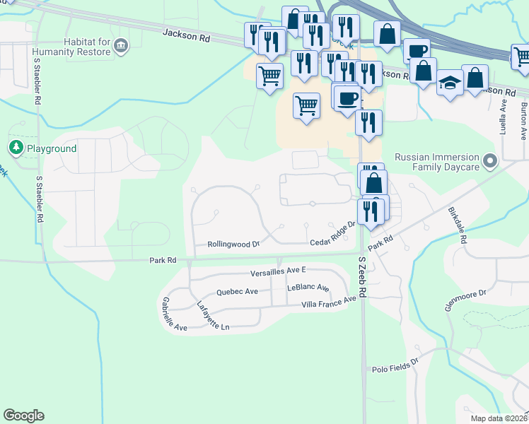 map of restaurants, bars, coffee shops, grocery stores, and more near 5886 Cedar Ridge Drive in Ann Arbor