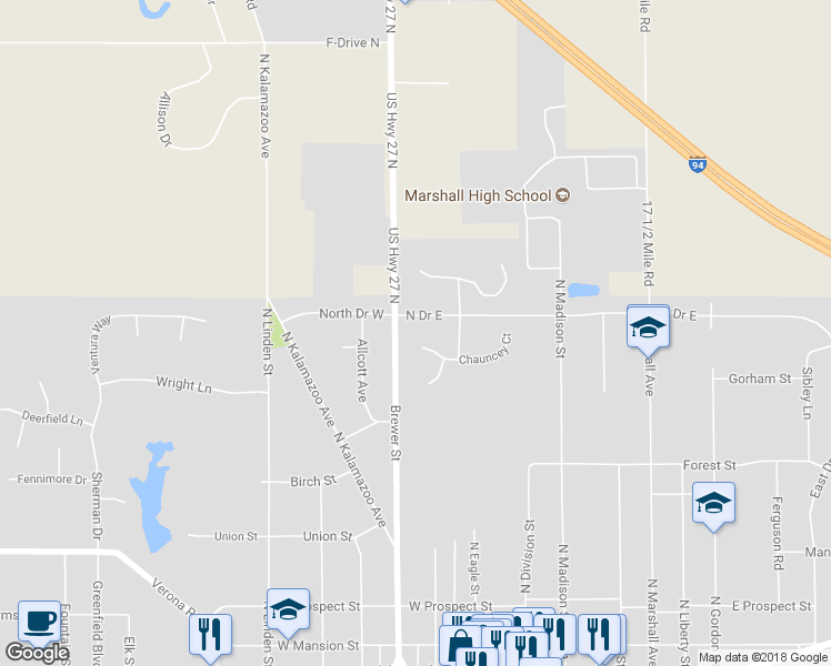 map of restaurants, bars, coffee shops, grocery stores, and more near 344 Butler Court in Marshall