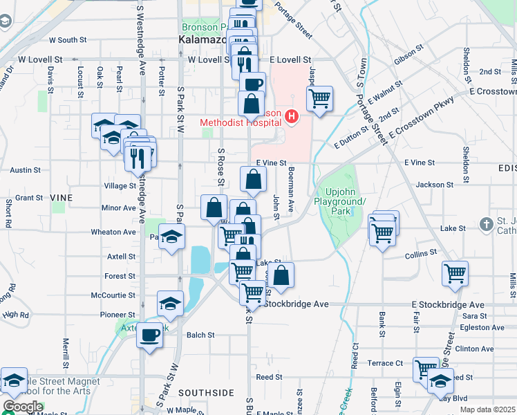 map of restaurants, bars, coffee shops, grocery stores, and more near 933 South Burdick Street in Kalamazoo