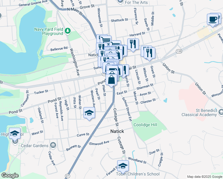 map of restaurants, bars, coffee shops, grocery stores, and more near 61 South Main Street in Natick