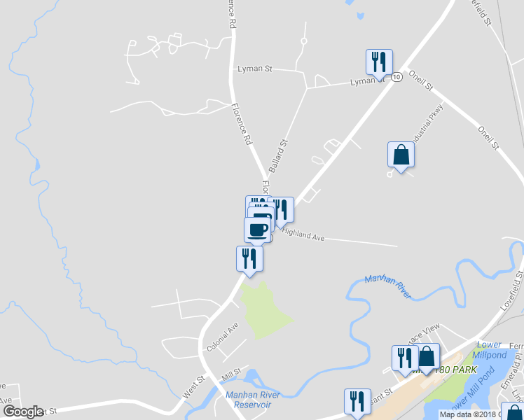 map of restaurants, bars, coffee shops, grocery stores, and more near 12 Florence Road in Easthampton