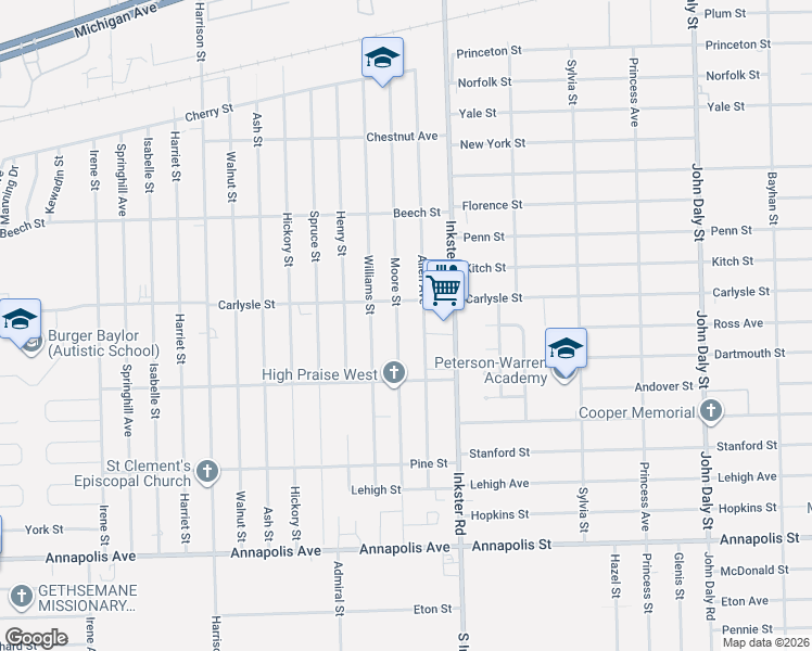 map of restaurants, bars, coffee shops, grocery stores, and more near 3753 Moore Street in Inkster