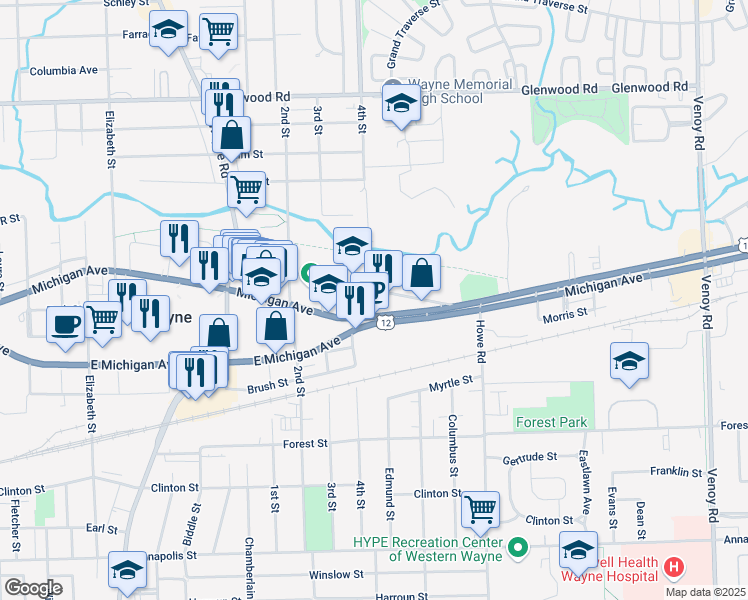 map of restaurants, bars, coffee shops, grocery stores, and more near 3521 4th Street in Wayne